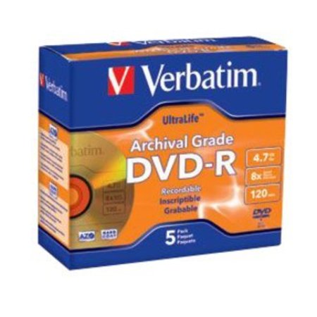 VERBATIM Disc, Dvd-R, 4.7Gb, 8X, Ultralife Archivalgrade, Gold Shiny, PK5 96320